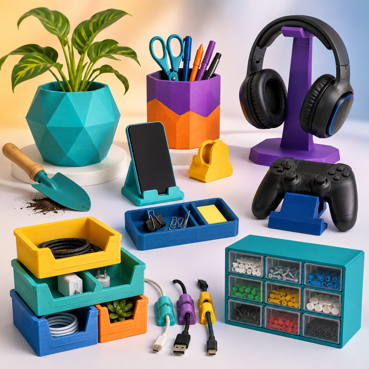 Colorful 3D printed organizers, gaming accessories, planters, and desk accessories